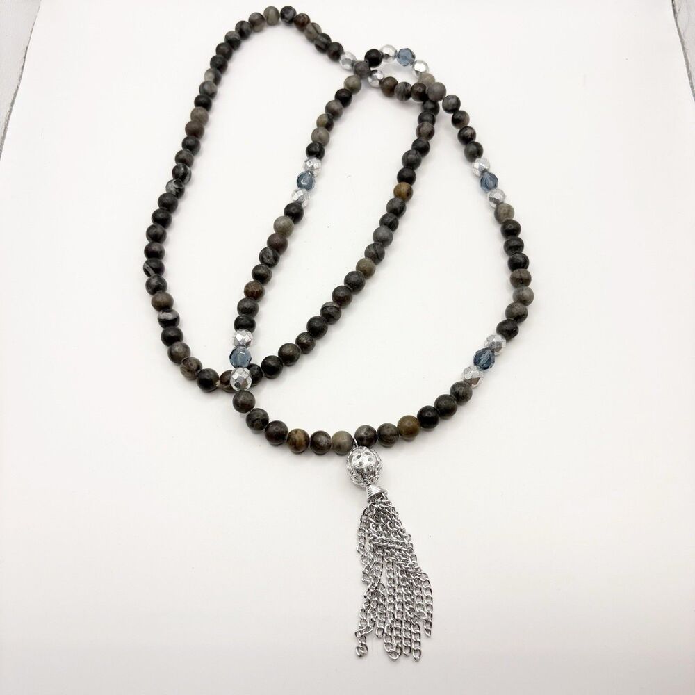 Mala Prayer Necklace Labradorite Bead Beaded Tassel 38” Gray Silver Tone